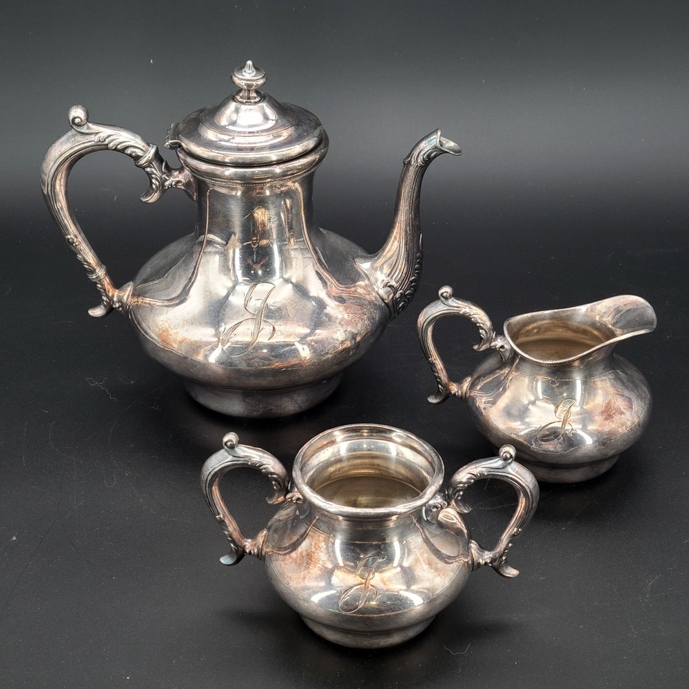 Antique Victor Silver Co Quadruple Plate 2601 Tea Coffee Set 3 Pc J Monogram